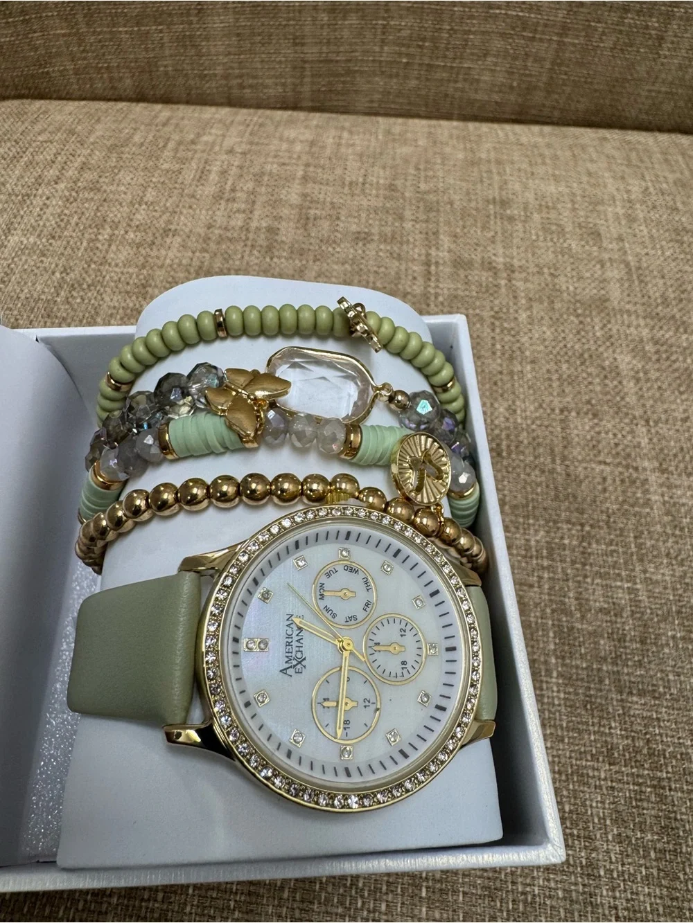 American Exchange Gold Tone Crystal Bezel Watch & Bracelet Set, Green Strap